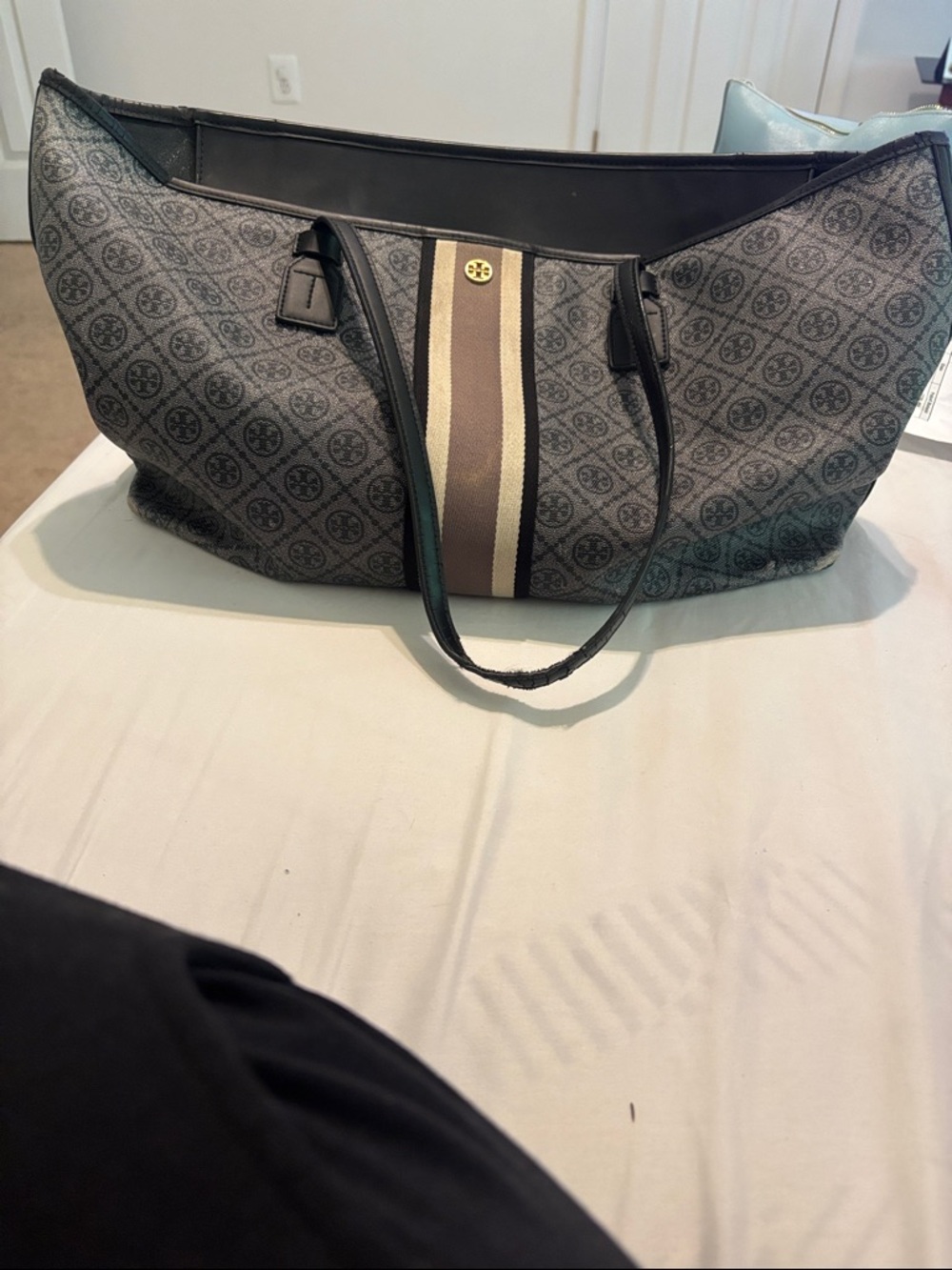 Tory Burch Gray Logo Canvas Tote with Center Stripe Detail